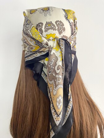 1入組女士人造絲復古緞頭巾方巾，適合度假、休閒外出和日常穿著波西米亞風格