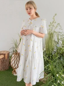 DAZY Vestido floral cuello marinero con botón delantero bajo con fruncido - Blanco - Ver 6