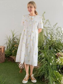 DAZY Vestido floral cuello marinero con botón delantero bajo con fruncido - Blanco - Ver 5