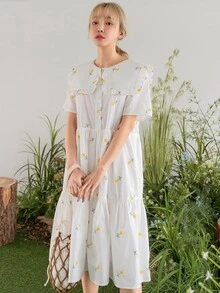 DAZY Vestido floral cuello marinero con botón delantero bajo con fruncido - Blanco - Ver 7