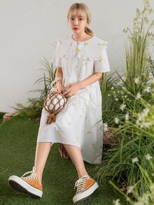 DAZY Vestido floral cuello marinero con botón delantero bajo con fruncido - Blanco - Ver 8