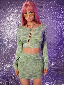SHEIN ICON Space Dye Cut Out Fake Button Jumper & Knit Skirt - Multicolor - View 1