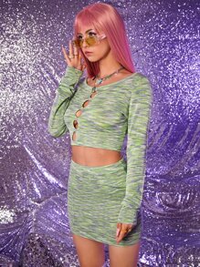 SHEIN ICON Space Dye Cut Out Fake Button Jumper & Knit Skirt - Multicolor - View 4