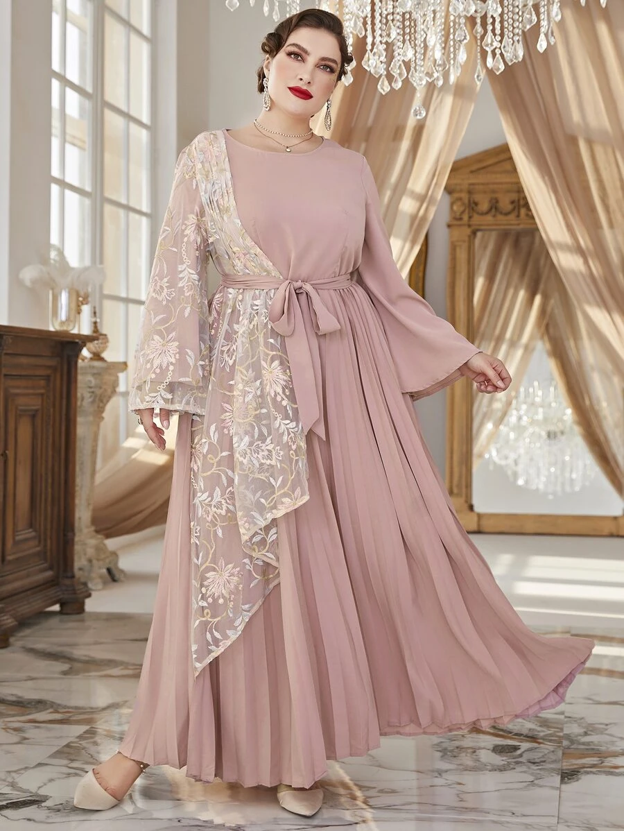 Al Najma Plus Contrast Floral Embroidery Mesh Pleated Hem Belted Dress - Pink - View 1