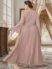 Al Najma Plus Contrast Floral Embroidery Mesh Pleated Hem Belted Dress - Pink - View 2