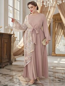 Al Najma Plus Contrast Floral Embroidery Mesh Pleated Hem Belted Dress - Pink - View 4