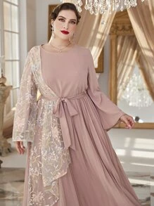 Al Najma Plus Contrast Floral Embroidery Mesh Pleated Hem Belted Dress - Pink - View 5