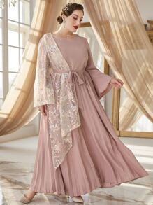 Al Najma Plus Contrast Floral Embroidery Mesh Pleated Hem Belted Dress - Pink - View 6