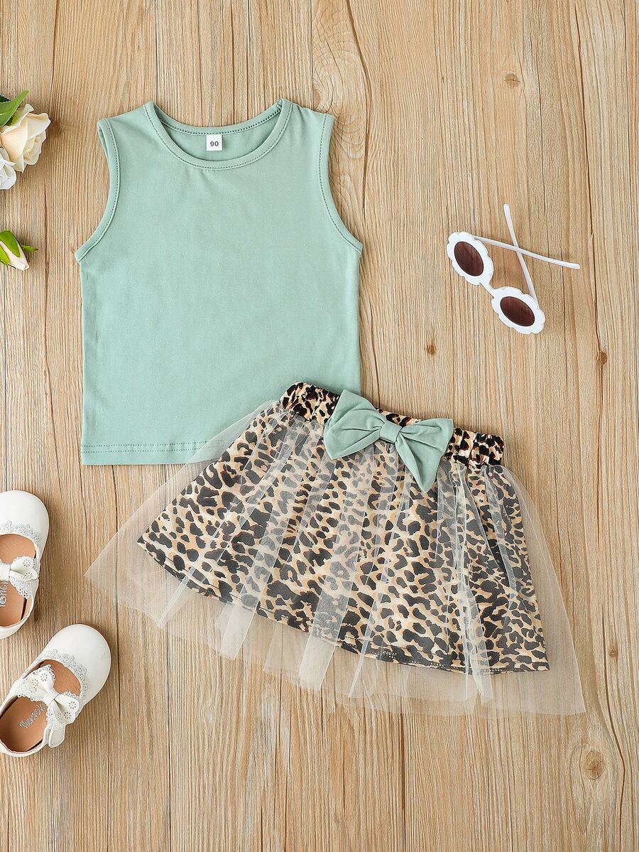 小女童背心上衣和網紗覆蓋蝴蝶結豹紋半身裙 - 彩色 - 查看 1