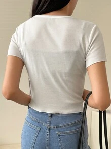 DAZY Half Button Rib-knit Tee - White - View 2