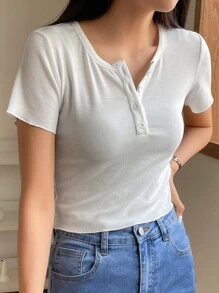 DAZY Half Button Rib-knit Tee - White - View 4