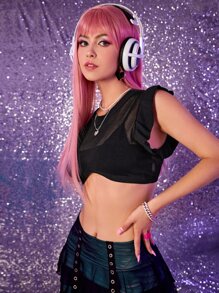 SHEIN Flutter Sleeve Crop Knit Top Without Bra - Black - View 1