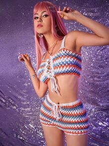 SHEIN 鏤空前繫帶罩衫套裝不附比基尼 - 彩色 - 查看 5