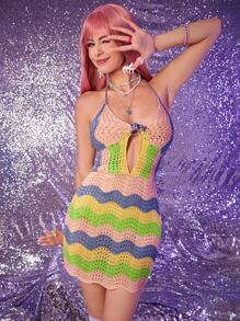 SHEIN ICON 撞色鏤空前繫帶繞頸網眼針織毛衣洋裝 - 彩色 - 查看 4