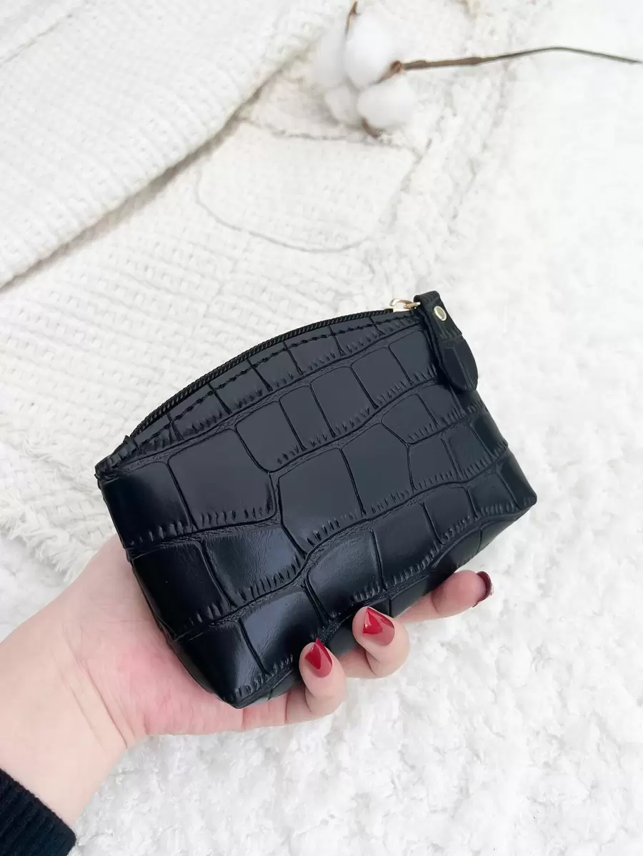 Portefeuille femme Pu zippé à motif crocodile, mode, léger, idéal comme cadeau d'anniversaire ou pour le personnel de bureau, pour hommes et femmes. Petit portefeuille, porte-monnaie, portefeuille de voyage - Noir - Voir 1