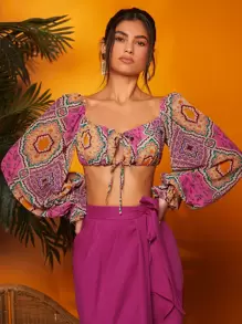 SHEIN X Sofía Suescun Áo nữ Dây kéo Thắt nơ trước Bộ lạc Boho - Nhiều màu - Xem 1