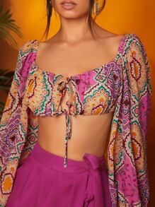 SHEIN X Sofía Suescun Áo nữ Dây kéo Thắt nơ trước Bộ lạc Boho - Nhiều màu - Xem 4