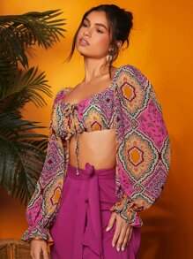 SHEIN X Sofía Suescun Áo nữ Dây kéo Thắt nơ trước Bộ lạc Boho - Nhiều màu - Xem 5