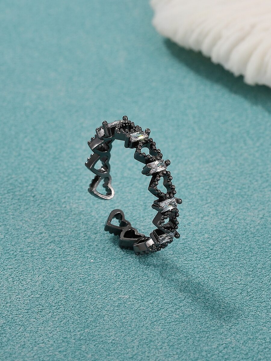 1 Pieza Anillo De Cobre Con Forma De Corazón Terminado En Un Extremo Abierto De Moda Y Personalizado Con Decoración, Para Uso Diario - Negro de pistola - Ver 1