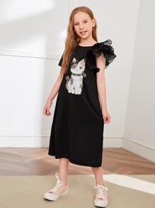 SHEIN Vestido de niña de transición con caricatura gráfica, malla contrastante y detalle de volantes - Negro - Ver 3