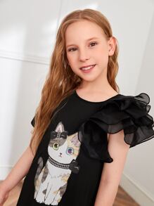 SHEIN Vestido de niña de transición con caricatura gráfica, malla contrastante y detalle de volantes - Negro - Ver 6