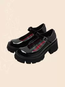 Buckle Decor Wedge Mary Janes,Women's French Cool Mary Jane Shoes New Thick-Heeled Platform College Style Women's Loafers - Black - View 1