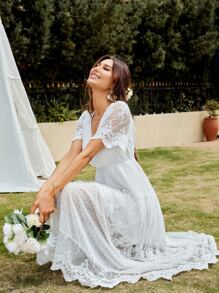 SHEIN Unity Swiss Dot Contrast Embroidery Mesh Scallop Hem Dress - White - View 4