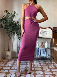 SHEIN Privé 鏤空後綁帶掛脖洋裝 - 玫紅色 - 查看 3