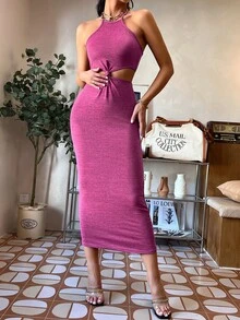 SHEIN Privé 鏤空後綁帶掛脖洋裝 - 玫紅色 - 查看 5