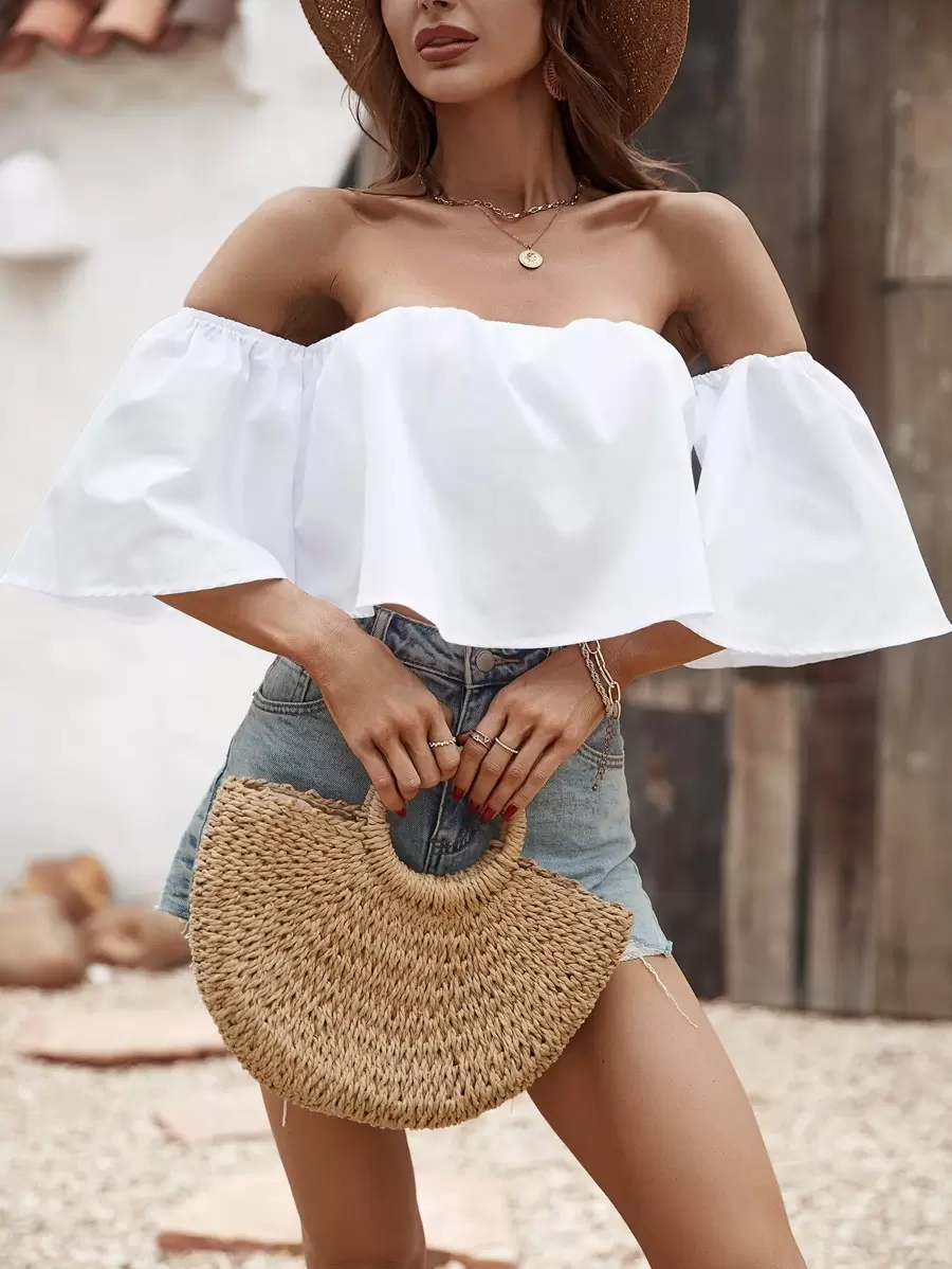 SHEIN Holidaya 露肩纯色上衣 - 白色 - 查看 1