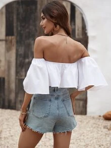 SHEIN Holidaya 露肩纯色上衣 - 白色 - 查看 2