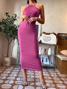 SHEIN Privé 鏤空後綁帶掛脖洋裝 - 玫紅色 - 查看 6
