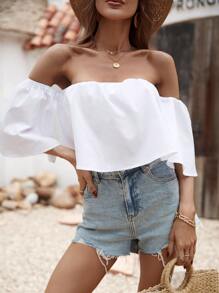 SHEIN Holidaya 露肩纯色上衣 - 白色 - 查看 3