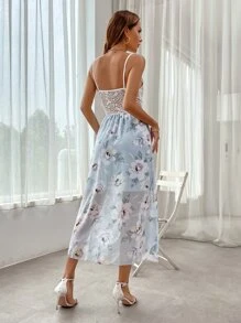 Chiquease 蕾絲拼接印花鬱金香下擺吊帶連衣裙 - 藍白色 - 查看 2