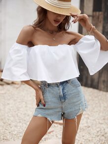 SHEIN Holidaya 露肩纯色上衣 - 白色 - 查看 5