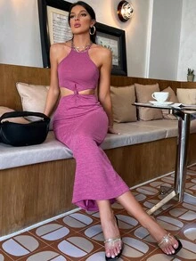 SHEIN Privé 鏤空後綁帶掛脖洋裝 - 玫紅色 - 查看 7