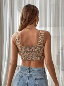 SHEIN VCAY Allover Floral Print Zip-up Shirred Tank Top - Multicolor - View 2