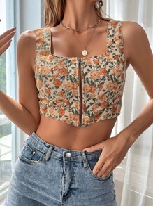 SHEIN VCAY Allover Floral Print Zip-up Shirred Tank Top - Multicolor - View 4