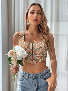 SHEIN VCAY Allover Floral Print Zip-up Shirred Tank Top - Multicolor - View 6