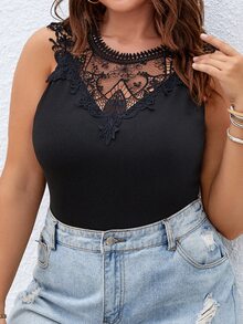 SHEIN LUNE Áo liền quần chặt Kích thước lớn Tương phản ren màu trơn Giải trí - màu đen - Xem 5