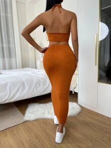 SHEIN Privé Vestido halter de espalda con cordón con abertura - Naranja Coral - Ver 2
