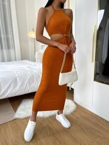 SHEIN Privé Vestido halter de espalda con cordón con abertura - Naranja Coral - Ver 6