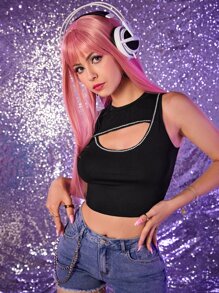 SHEIN Top tank corto con diamante de imitación con abertura - Negro - Ver 1