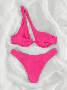 SHEIN Swim Summer Beach Mono Bikini Set One Shoulder Underwire Top & High Cut Bottom 2 Piece Swimwear - Hot Pink - View 2