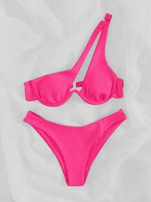 SHEIN Swim Summer Beach Mono Bikini Set One Shoulder Underwire Top & High Cut Bottom 2 Piece Swimwear - Hot Pink - View 3