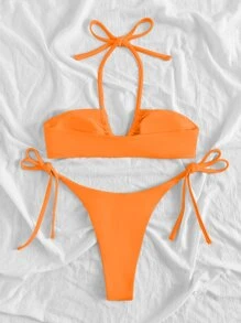 SHEIN Swim Summer Beach Mono Bikini Set Halter Wireless Bra Top & Tie Side Bikini Bottom 2 Piece Bathing Suit - Orange - View 2