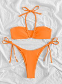SHEIN Swim Summer Beach Mono Bikini Set Halter Wireless Bra Top & Tie Side Bikini Bottom 2 Piece Bathing Suit - Orange - View 3