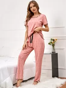SHEIN 波点印花莴苣边 T 恤和裤子 睡衣套装 / 睡衣套装 - 珊瑚粉 - 查看 6