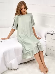 Polka Dot Print Flounce Sleeve Ruffle Hem Pajama Night Dress - Mint Green - View 1