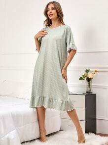 Polka Dot Print Flounce Sleeve Ruffle Hem Pajama Night Dress - Mint Green - View 4